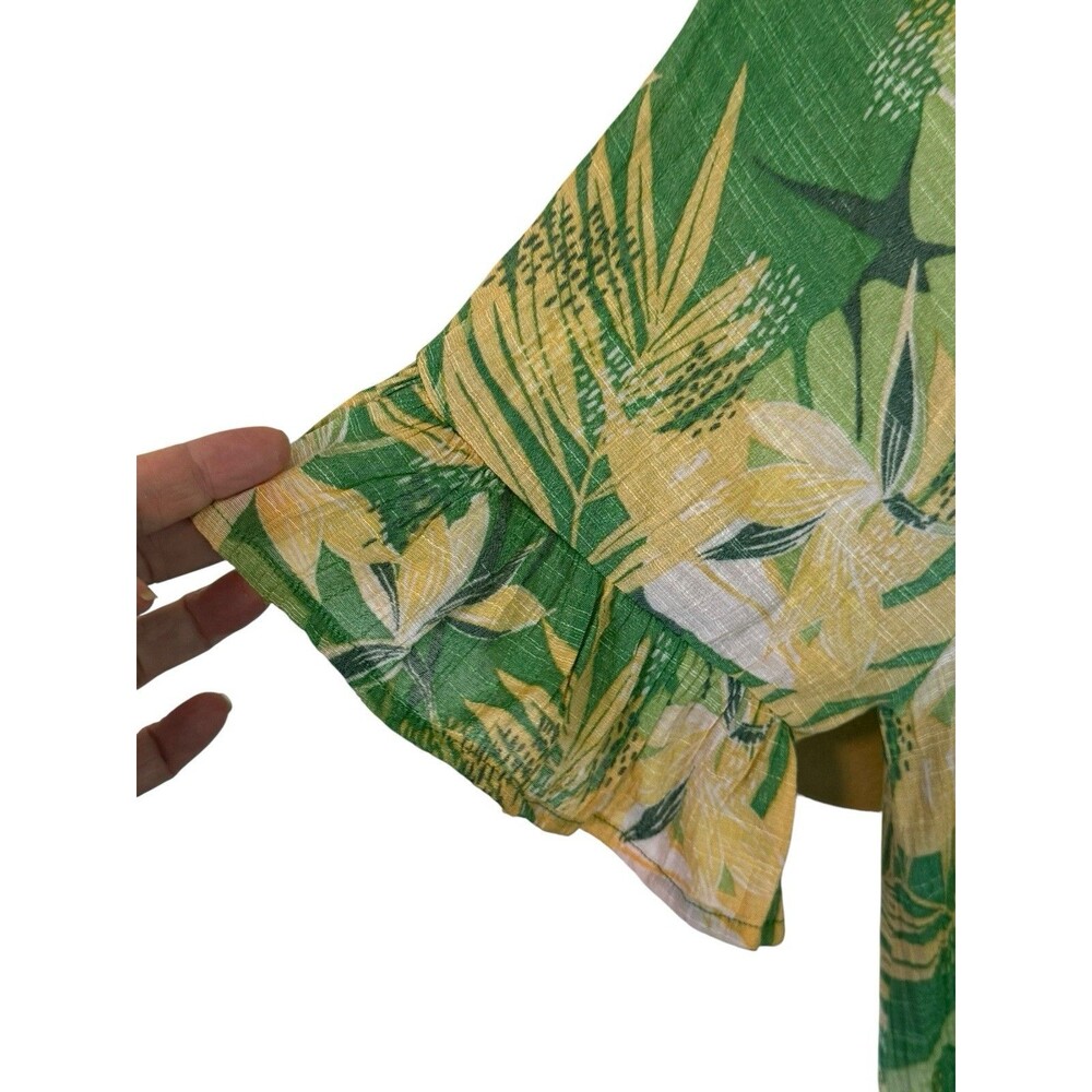 Naif Tropical Floral Shift Dress Womens Medium Green Yellow Ruffle Sleeve Boho - Picture 4 of 10